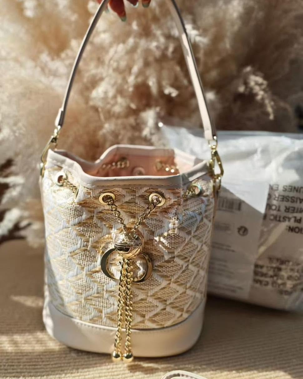 Dior Oblique Lace Jacquard Bucket Bag with Gold Chain