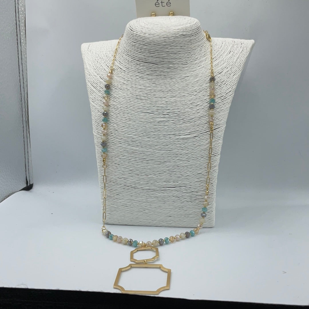 Multi-Colored Beads Long Necklace with Stud Earrings