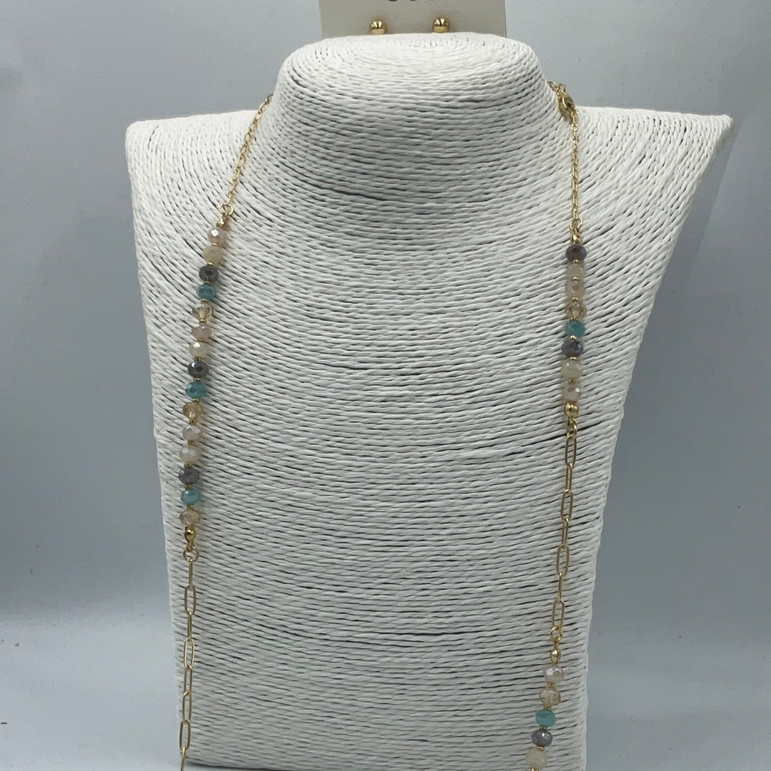 Multi-Colored Beads Long Necklace with Stud Earrings