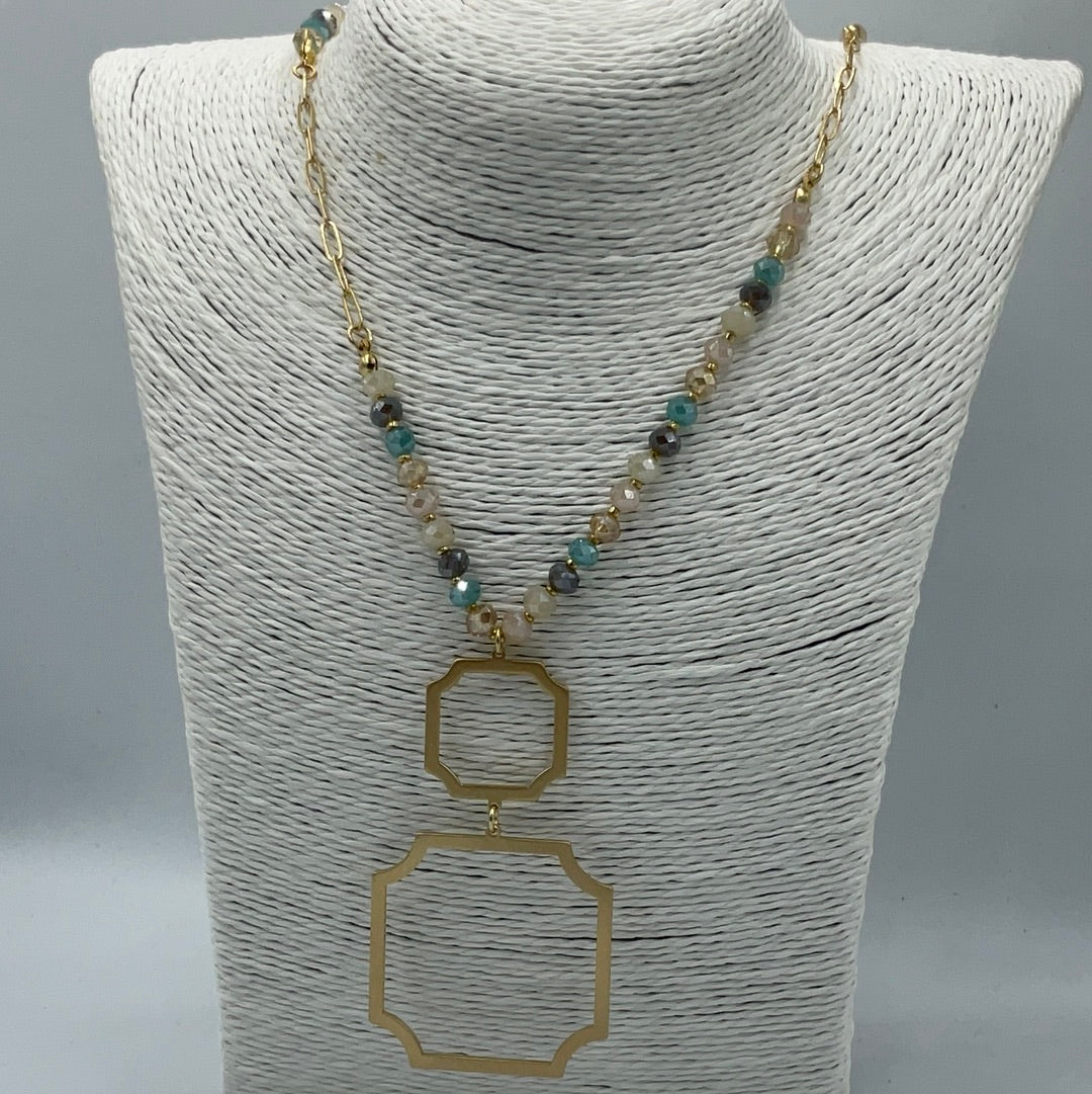 Multi-Colored Beads Long Necklace with Stud Earrings