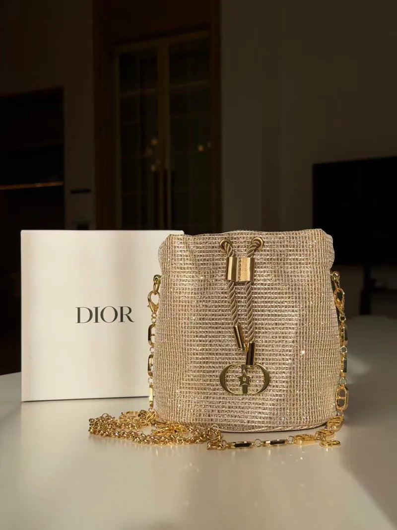Dior Crystal Embellished Mini Bucket Bag with Chain Strap