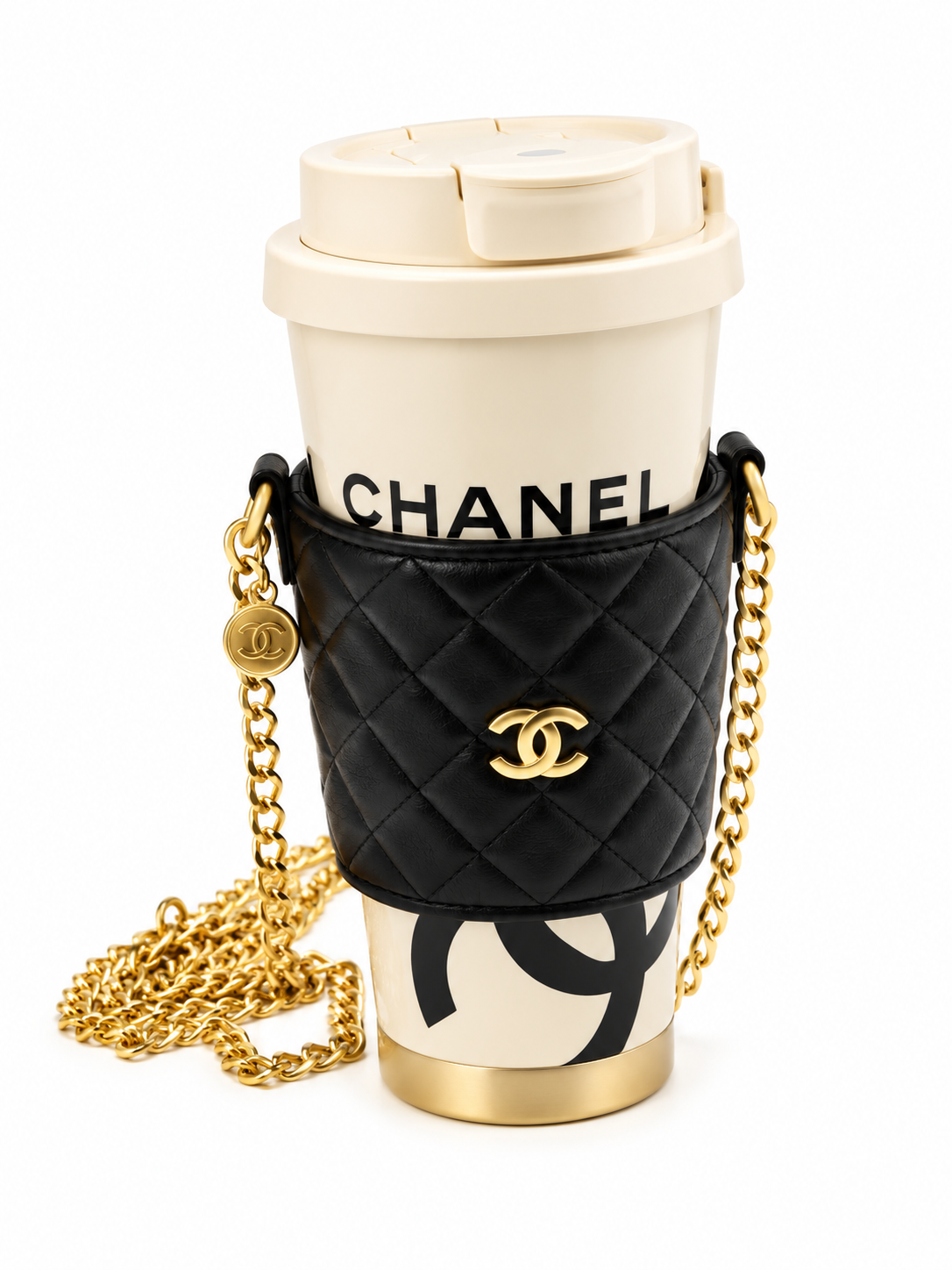 Chanel Quilted Thermos Cup with Leather Sleeve - Cream White