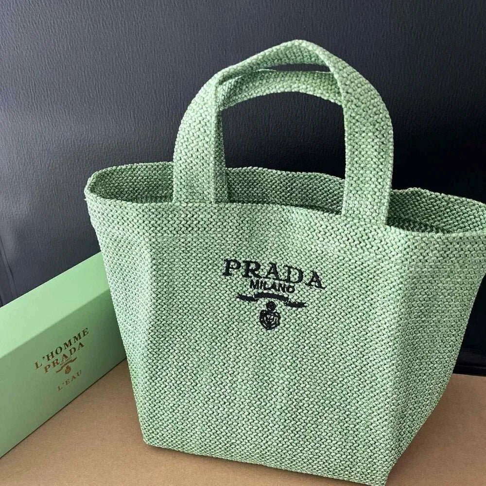 Prada Green Raffia Straw Mini Tote Bag