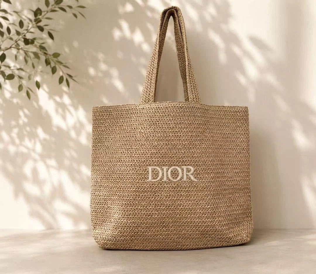Dior Embroidered Logo Woven Straw Tote Bag