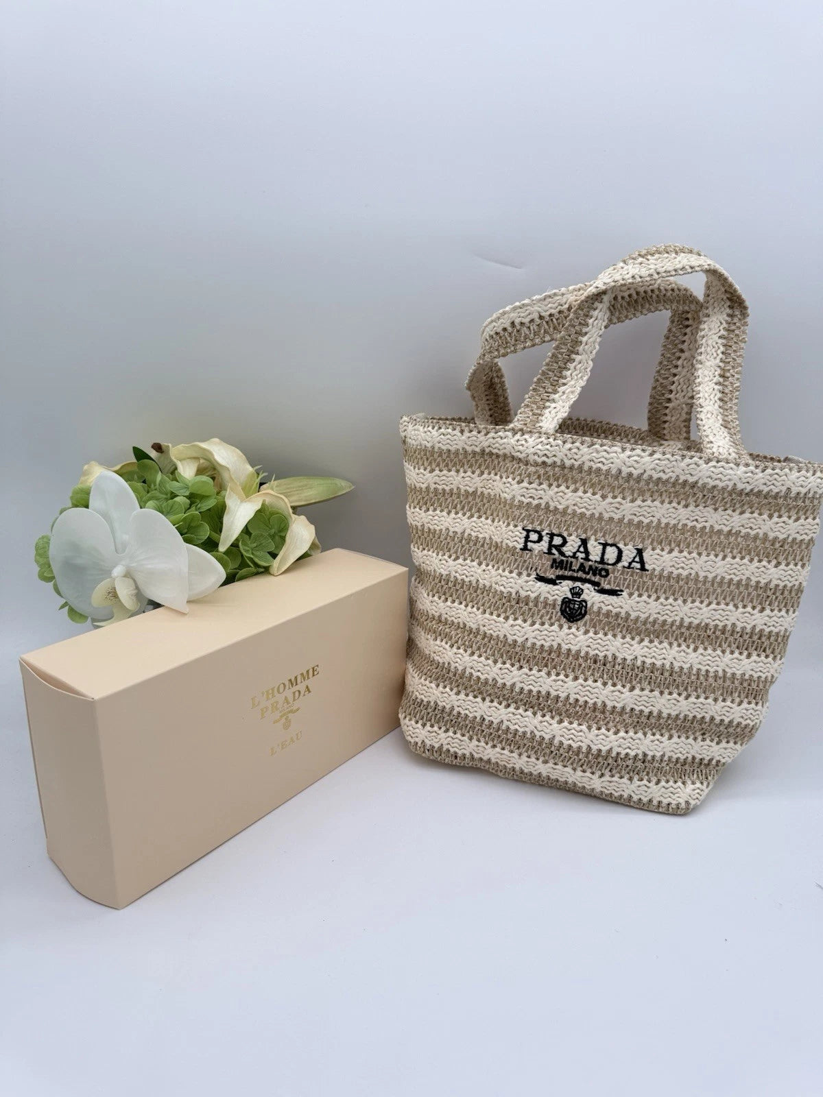 Prada Milano Striped Raffia Woven Tote Handbag