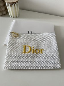 Dior Embroidered Logo Raffia Zip Makeup Pouch