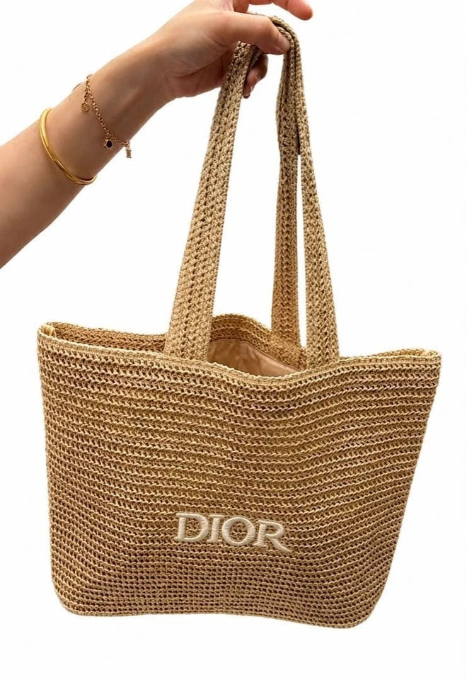 Dior Embroidered Logo Woven Straw Tote Bag