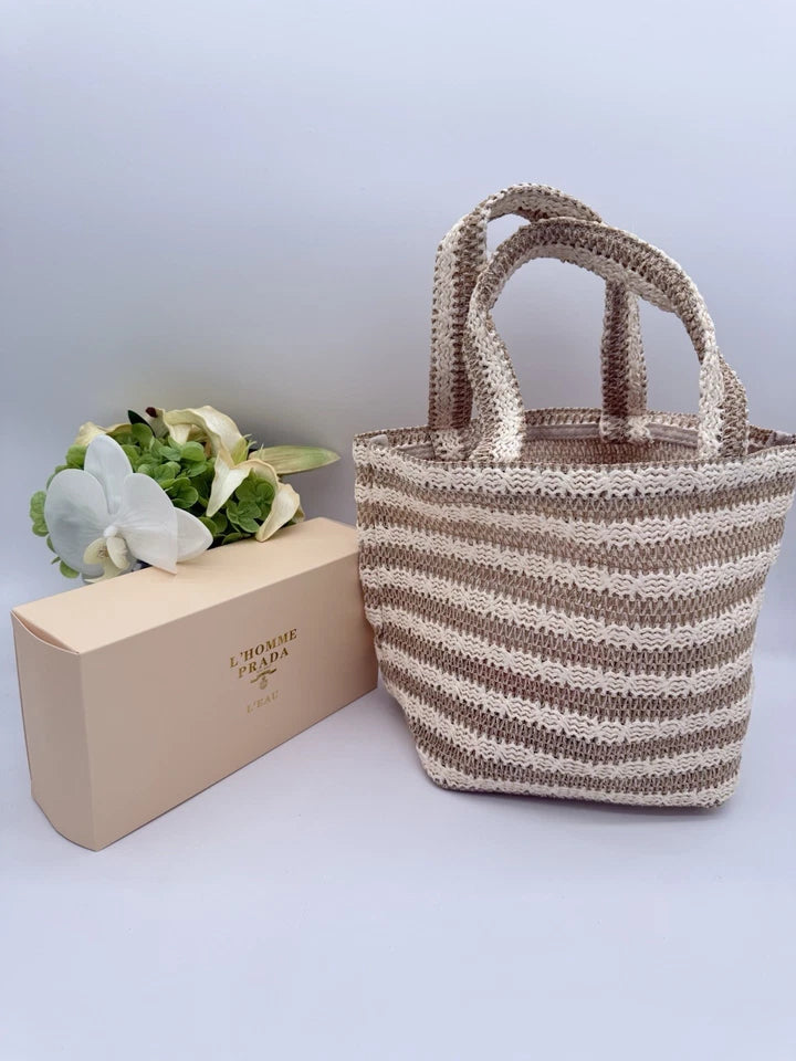 Prada Milano Striped Raffia Woven Tote Handbag